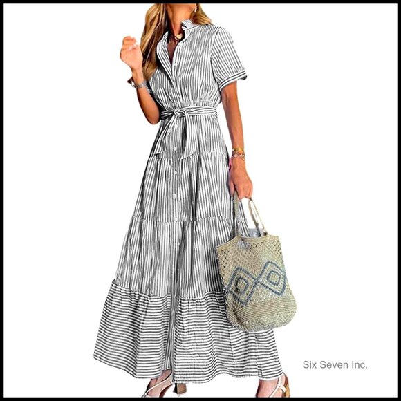 Dresses & Skirts - Casual Short Sleeve Button Down Tie Waist Ruffled Maxi Shirt Dress